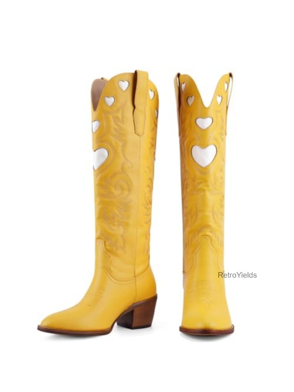 Heart Embroidered Knee High Western Boots Faux Leather Round Toe